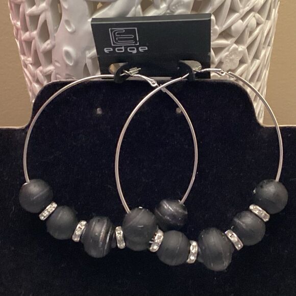 Large Silvertone Hoops with Black Beads and Rhinestone Rondels - Picture 6 of 6